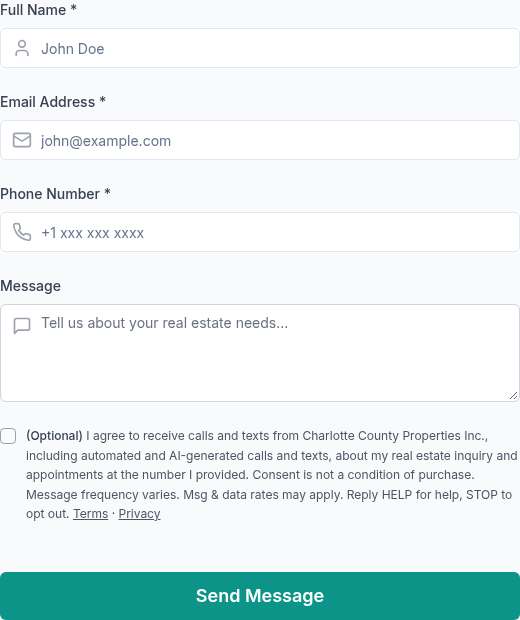 Screenshot of the live website contact form with the optional, unchecked text consent checkbox